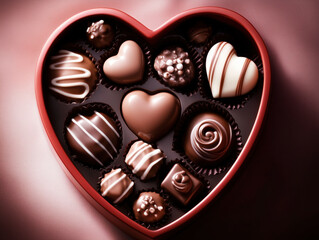 Heart-Shaped Chocolate Box with Assorted Shapes, Flavors, and Textures on Soft Pink Velvet Fabric, Perfect for Valentine's Day Gifts.
