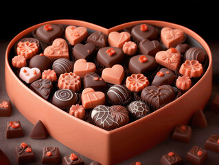 Heart-Shaped Chocolate Box with Assorted Premium Chocolates on a Background Adorned with More Chocolates.