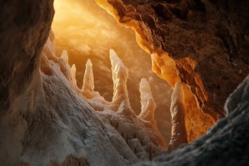 Sunlit cave interior with unique rock formations resembling spires, creating a dramatic and mysterious scene.