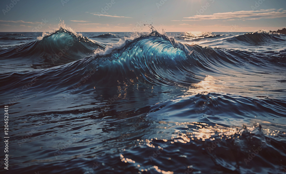 Aufkleber the ocean is calm and the waves are small. the water is a deep blue color. the sun is setting in the