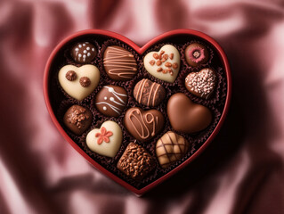 Heart-Shaped Chocolate Box with Assorted Shapes, Flavors, and Textures on Soft Pink Velvet Fabric, Perfect for Valentine's Day Gifts.