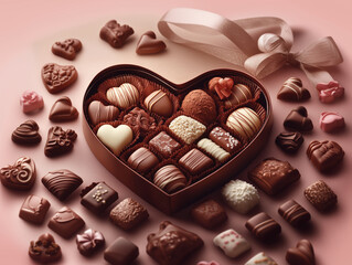 Luxury Heart-Shaped Chocolate Box with Premium Assorted Chocolates in Colors, Flavors, and Designs on an Elegantly Decorated Pink Background, Perfect for Valentine's Day Gifts