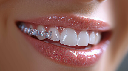 Sparkling white teeth with modern clear orthodontic aligners and glitter lip gloss closeup, showcasing contemporary dental aesthetics