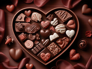 Heart-Shaped Chocolate Box with Assorted Shapes, Flavors, and Textures on Soft Pink Velvet, Adorned with Chocolates, Perfect for Valentine's Day Gifts.