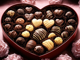 Luxury Heart-Shaped Chocolate Box with Premium Assorted Chocolates in Colors, Flavors, and Designs on an Elegantly Decorated Pink Background, Perfect for Valentine's Day Gifts