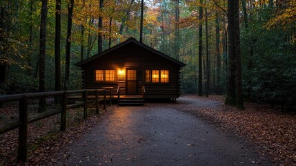 Cozy cabin in autumn forest at dusk, pathway leading to it; ideal for travel brochures