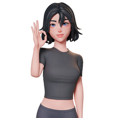 Portrait, half body 3D illustration of a sporty girl in black. showing ok hand gesture using her left hand. approve pose, Cute cartoon style.