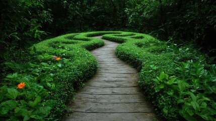Fototapeta premium Winding path through lush green hedge maze in a tranquil forest