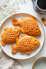 Three traditional Japanese fish-shaped cakes Taiyaki, with intricate patterns resembling fish scales, served on a plate surrounded by white flowers and a cup of tea. Vertical, top view.
