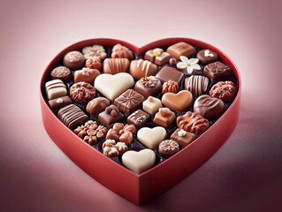 Heart-Shaped Chocolate Box with Assorted Shapes, Flavors, and Textures on Soft Pink Velvet Fabric, Perfect for Valentine's Day Gifts.