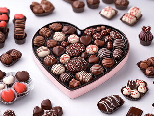 Heart-Shaped Chocolate Box with Assorted Textures, Designs, and Flavors Surrounded by Sweets and Muffins on a White Background, Perfect for Valentine's Day Gifts and Celebrations