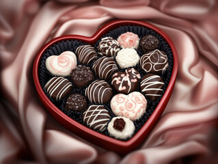 Heart-Shaped Chocolate Box with Assorted Shapes, Flavors, and Textures on Soft Pink Velvet Fabric, Perfect for Valentine's Day Gifts.