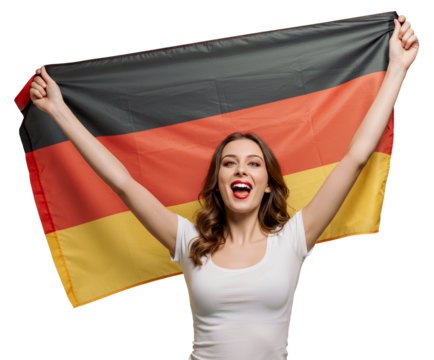 Gorgeous German woman holding her national flag with joy and proud
