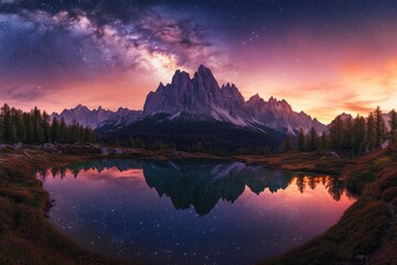 Majestic mountain range reflecting in a serene lake under a vibrant Milky Way.