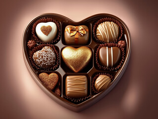 Heart-Shaped Chocolate Box with Assorted Premium Chocolates on a Solid Beige Background, Perfect for Valentine's Day Gifts and Celebrations.