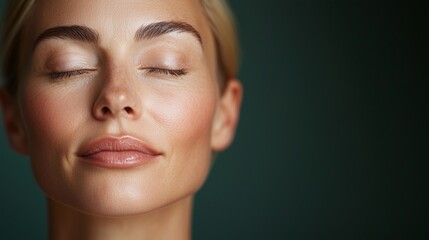 Obraz premium A peaceful close-up of a middle-aged woman with closed eyes, glowing skin, and a relaxed expression in a minimalist setting. Beauty portrait.