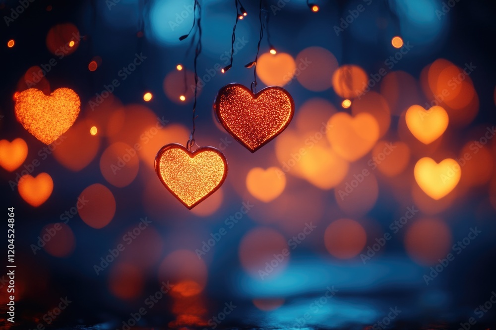 Poster a pair of hearts hangs from a tree branch in a natural setting, symbolizing love and affection