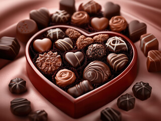 Heart-Shaped Chocolate Box with Assorted Shapes, Flavors, and Textures on Soft Pink Velvet, Adorned with Chocolates, Perfect for Valentine's Day Gifts.