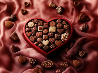 Heart-Shaped Chocolate Box with Assorted Shapes, Flavors, and Textures on Soft Pink Velvet, Adorned with Chocolates, Perfect for Valentine's Day Gifts.