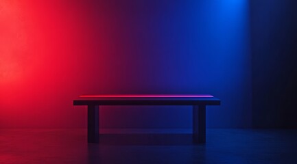 Dark room with neon red and blue lighting illuminating a low table.