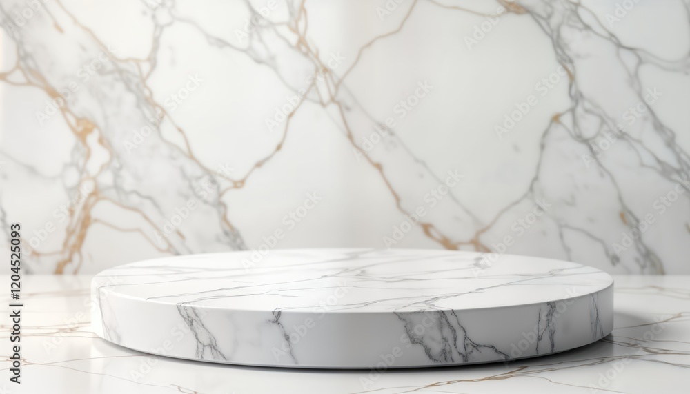 Poster empty white marble product stand. round shape. modern design. luxurious look. ideal for showcasing p