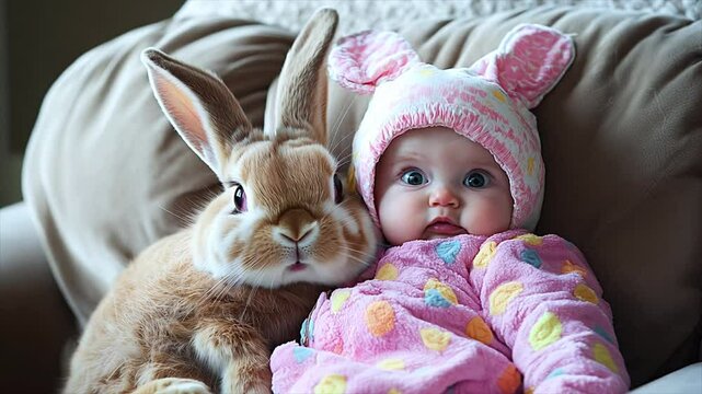 Adorable baby in a plush Easter bunny hat sitting beside a real rabbit. Cozy indoor setting, Easter theme, childhood innocence.
