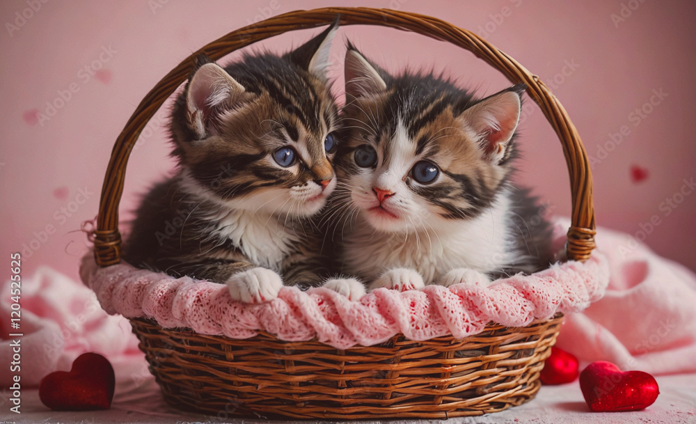 Poster two kittens are in a basket with a pink blanket. the basket is filled with hearts. the kittens are c