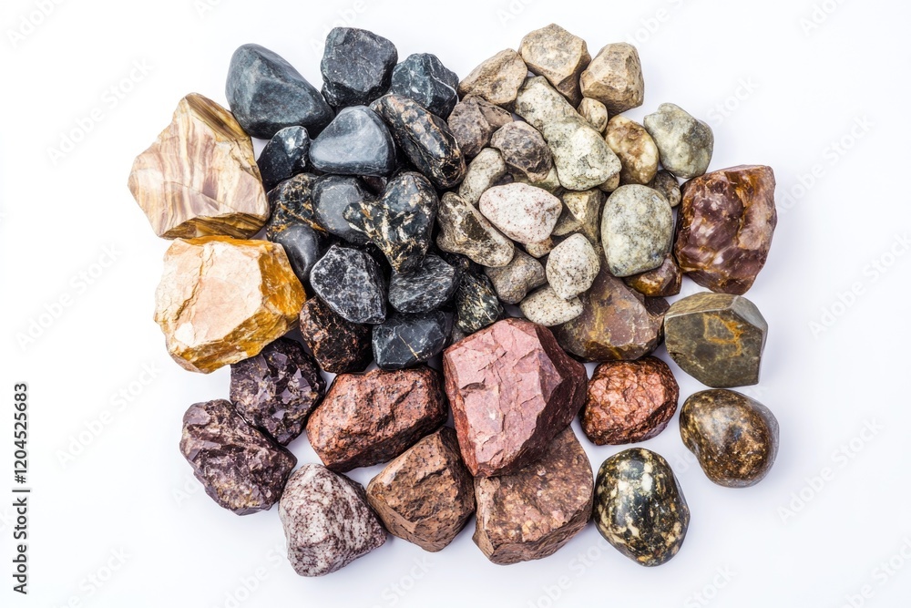 Poster a assortment of variously colored rocks displayed on a white background