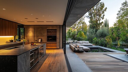 Sleek kitchen in a modern home with an open terrace, seamlessly blending indoor and outdoor living spaces for a luxurious lifestyle.