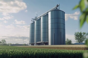 Large agricultural silos situated in a green field, perfect for rural or countryside themed projects