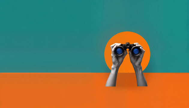 Hands holding binoculars. Modern tech concept. Searching for new ideas. Exploring vision, opportunity. Creative art collage on vibrant blue-orange background. Searching for new perspectives. Image