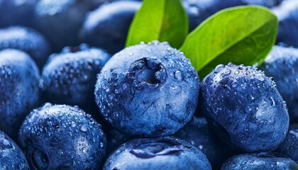 Water drops on ripe sweet blueberry. Fresh blueberries background with copy space for your text. Vegan and vegetarian concept. Macro texture of blueberry berries.Texture blueberry berries close up