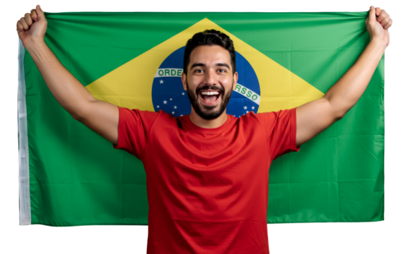 Mixed-race man in his 30s holding Brazilian flag and smiling at camera - Powered by Adobe