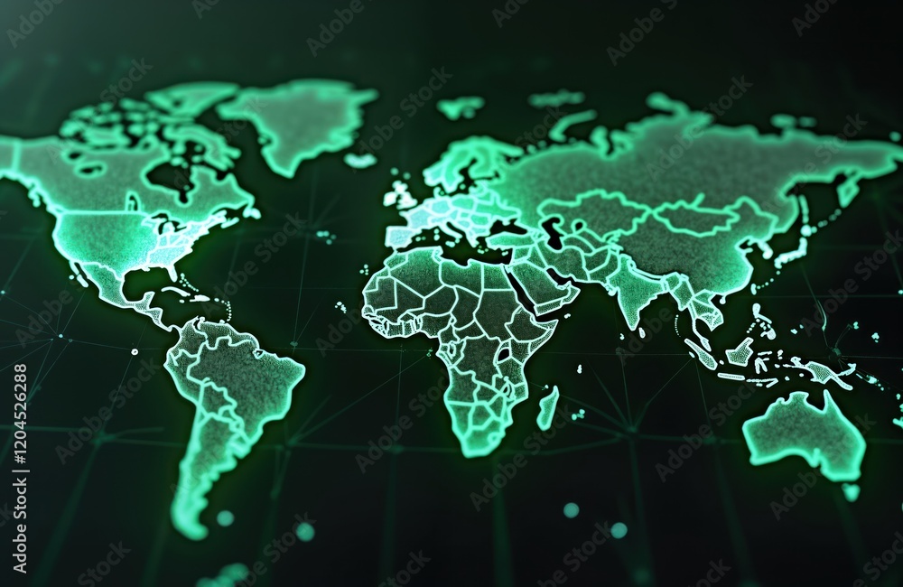 Aufkleber global digital map shows glowing green lines networked continents, oceans outlined on dark backgroun