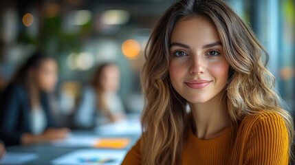 Fototapeta premium A beautiful young woman sits among others, engaging in a conversation or presentation