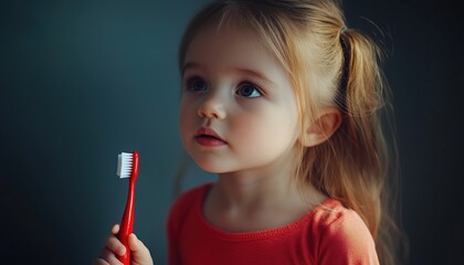 Adorable Young Girl Brushing Teeth By Herself Each Morning, Standing On Gray. Emphasizing Health And Dental Care For Kids.