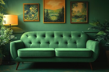 A green couch sits next to a table lamp in a cozy living room