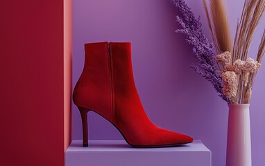 Modern high-heel ankle boots in red velvet texture placed on a muted lavender backdrop