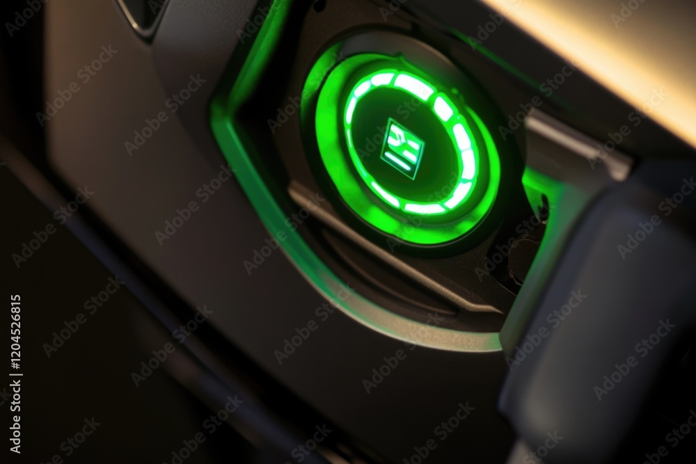 Poster a close-up shot of a green light illuminating the dashboard inside a vehicle