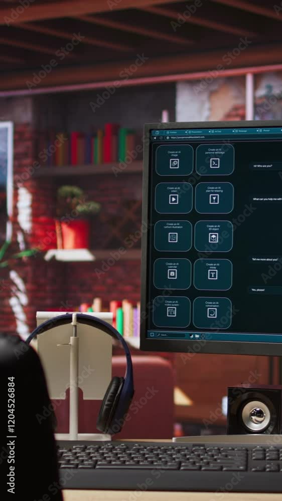 Fototapete Vertical video AI LLM chatbot answering user prompts using predictive technology in home office. Computer setup in apartment workspace using large language model program with artificial intelligence