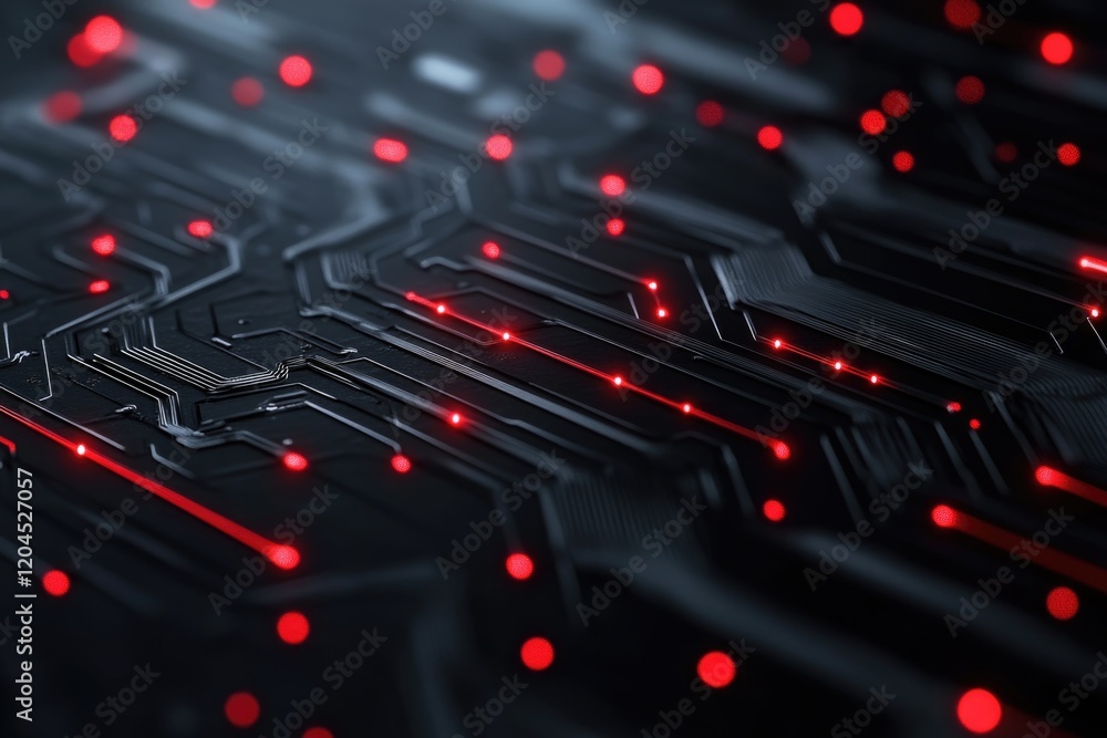 Poster close up shot of a circuit board with bright red lights