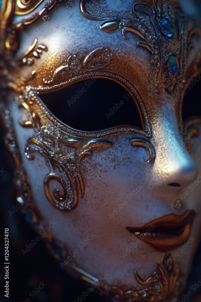 Poster a detailed shot of a mask with a person's face underneath, great for use in stories about identity o