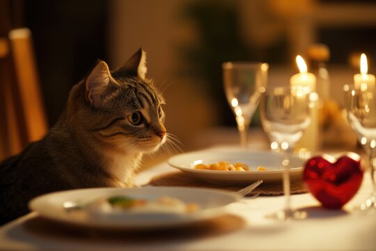A domestic cat sitting at a table with a plate of food