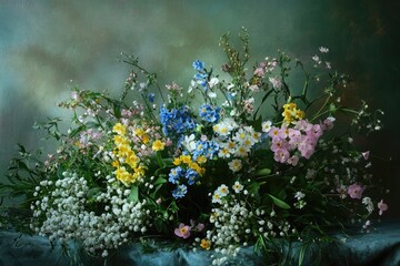 A vibrant still life showcasing a lush arrangement of wildflowers in various colors, set against a moody green backdrop.