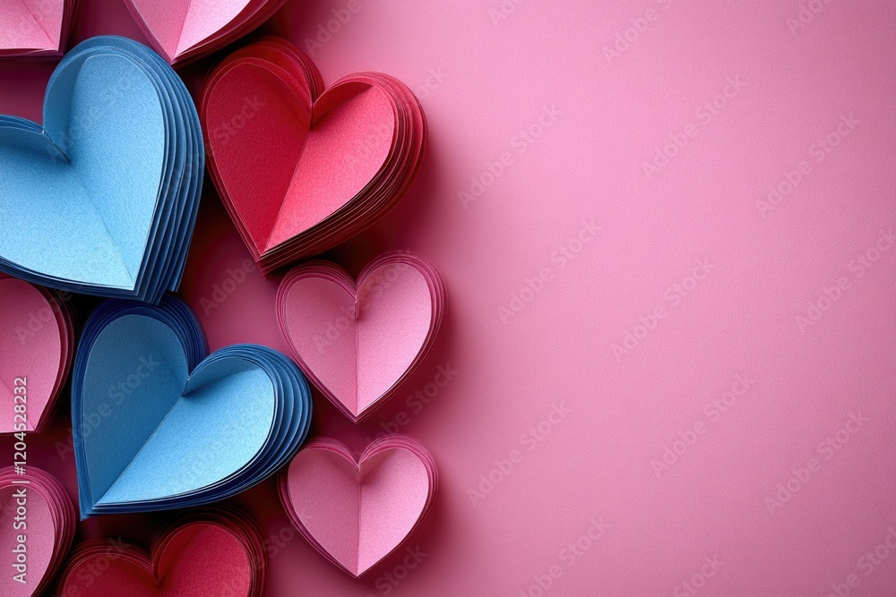 Poster a collection of paper hearts in various sizes and shapes arranged on a bright pink background, perfe