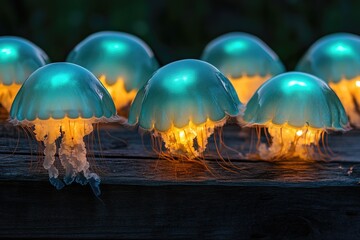 Glowing jellyfish-like lights illuminate a dark wooden surface, creating a mesmerizing display.