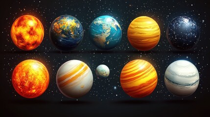 Fototapeta premium A set of nine planets orbiting in the vastness of space
