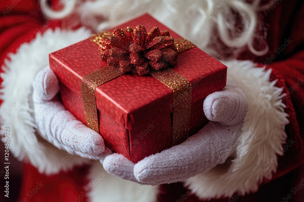 Poster a close-up shot of a person grasping a bright red present, ready to be given or received
