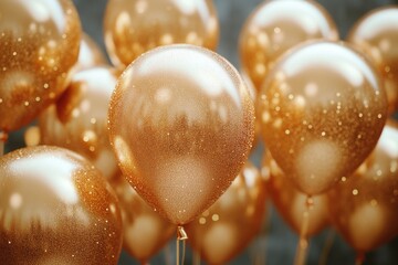 A bunch of gold balloons floating in the air