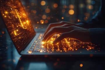 A person working on their laptop with a lot of lights around them, suitable for use in illustrations about work, study or coding